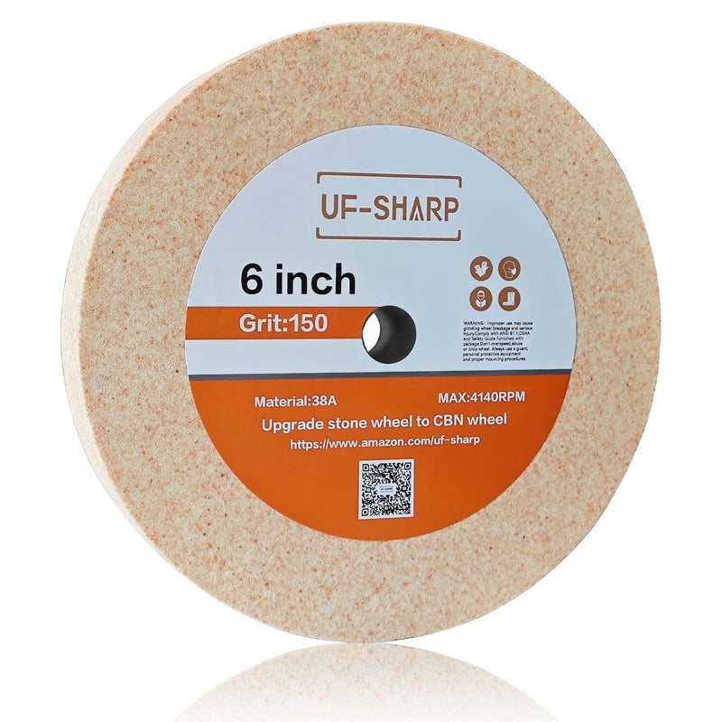 UF-SHARP 6 inch Bench Grinder Wheels, 1" Wide,1/2" Arbor, 150 Grit Aluminum Oxide Grinding Wheel for HSS and Carbon Steel Tools (150 Grit) - Image 1